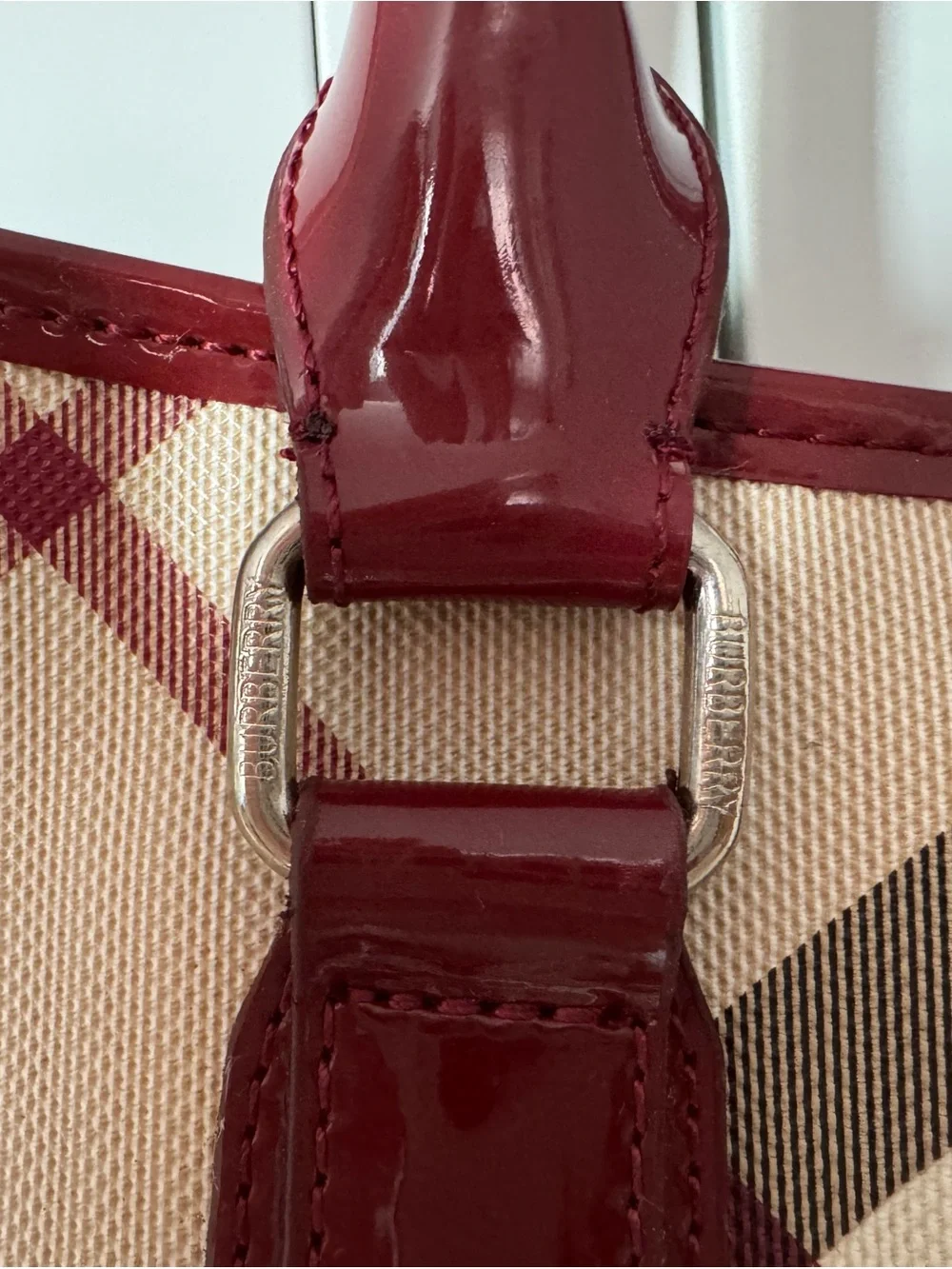 Burberry Beige Plaid Tote with Burgundy Leather Trim